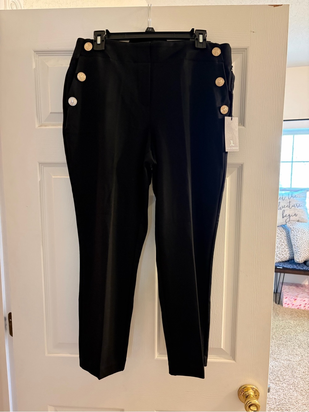 Jules & Leopold Black Ankle Ponte Pants with Gold Button Detail